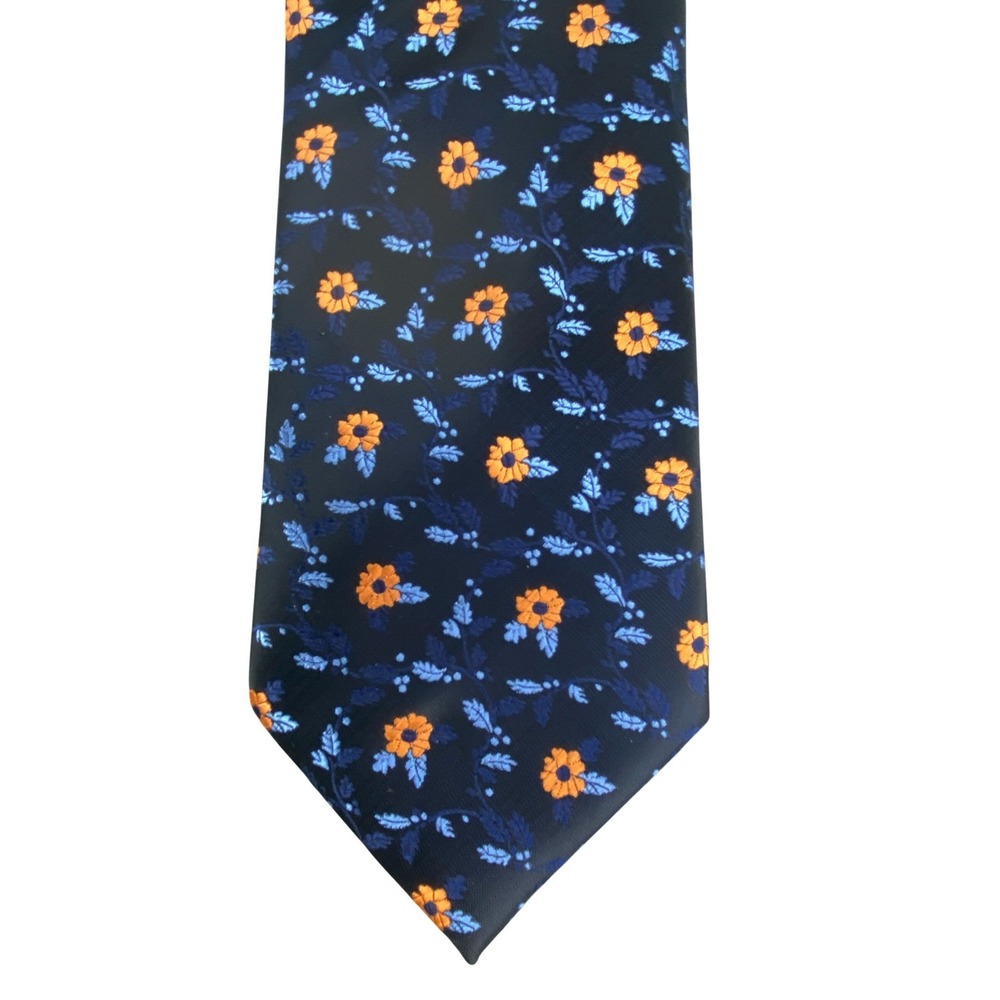 E.J. Samuel Mens Tie Floral Striped Navy Orange Microfiber Formal Long 60x3.5 - Picture 3 of 9